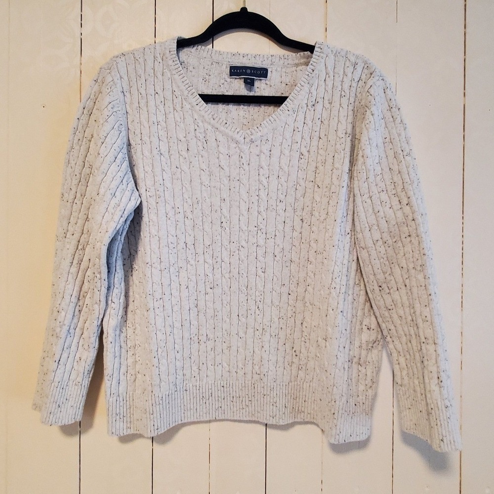 Karen Scott Womens XL Gray Speckled Cable Knit V-Neck Sweater Long Sleeve XL